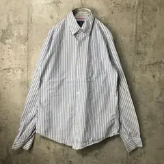 B1175古着　シャツ　長袖　ボタンダウン　青　水色　白　90s Y2K