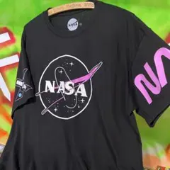 2XL NASA 両面プリント ネオン 希少デザイン ブラック 古着 Tシャツ