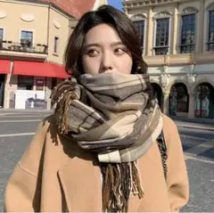 ブラウン系チェック マフラー ストール 膝掛け 秋冬 ロング ボリューム 大判