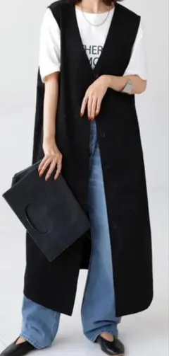 ロングジレ　ベスト レディース トップス 羽織り ジレ ロング ロングベスト黒