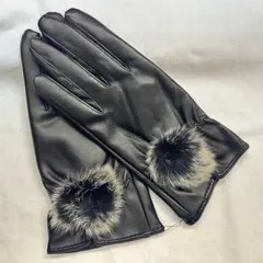 未使用品　フェイクレザー　ファー付き　ショートグローブ　黒　合皮　手袋　1548