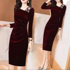 バーガンディ ベルベット タイトドレス　キャバドレス　結婚式　二次会　同窓会　M
