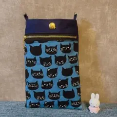 2way 猫柄 スマホショルダー ポシェット インバッグ　ブルー ねこ　猫