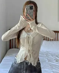 白リボン付き長袖トップス カーディガンMサイズ