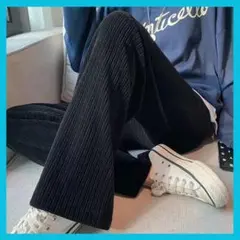 ワイドパンツ　裏起毛　コーデュロイ カジュアルパンツ 極暖 防寒　ブラック