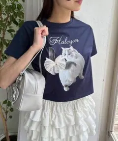 OLIVEdesOLIVE 猫プリント チュールリボン付き半袖Tシャツ ネイビーのサムネイル