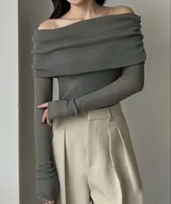 Louere リブニット オフショルダー 長袖トップス 春夏秋冬