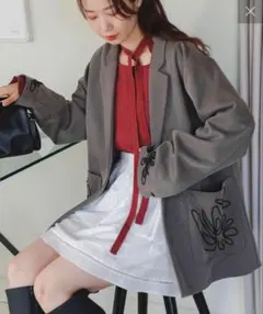 Kastane フレンチツイル刺繍裏地付きジャケット グレー