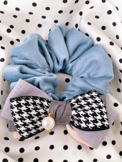 千鳥チェックリボンブルーベロアシュシュ