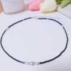 グレー淡水パールとブラックビーズネックレス　韓国　クール