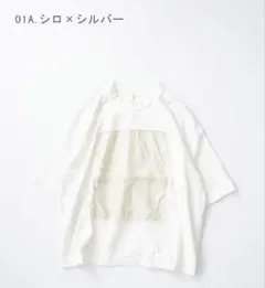 今期 prit プリット リネン箔プリント 5分袖フレームＴシャツ 白シルバーのサムネイル