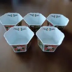 有田焼　祥　花柄　八角形　陶器小鉢5個セット