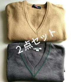 【2点セット】Vネックセーター ウール混 M/Lサイズ（キャメル・グレー）