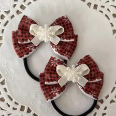 ハンドメイド ヘアゴム 赤チェック ホワイトリボン 雪の結晶 a166