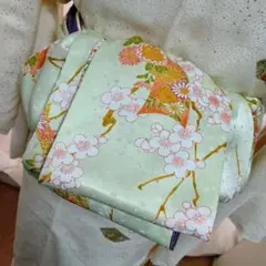 長尺大人の兵児帯半幅帯ハンドメイド澪No2646着物リメイク正絹薄緑色 花柄