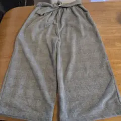 グレー チェック柄 ワイドパンツ リボン付き