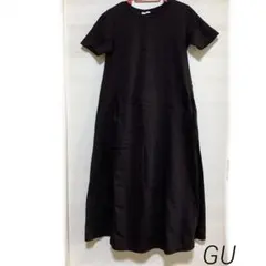 GU マーセライズド　ブラック　Aラインワンピース　Tシャツワンピース