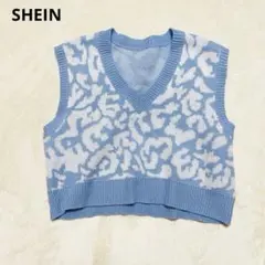 SHEIN ニットベスト　L 水色　迷彩柄　ショート丈　韓国風　スタイルアップ✨