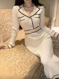 韓国風 アイボリー リブ編み ロングワンピース