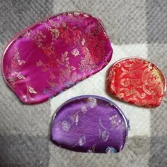 新品★チャイナ風花柄刺繍サテンポーチ3点セット★送料込み