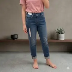 【新品タグ付】GU デニムルックテーパードパンツ M ブルー ストレッチ 楽ちんのサムネイル