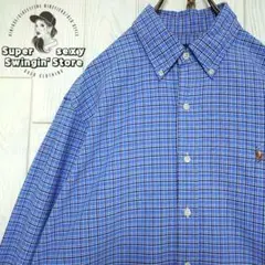 人気 ラルフローレン 長袖 ボタンダウンシャツ L ブルー チェック 刺繍 古着