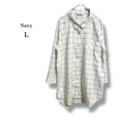 【Navy】ネイビー　レーヨンチェックシャツ　ロング丈　ゆったり　ホワイト　L
