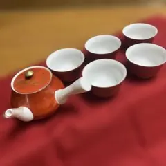 有田焼哲山作 赤絵六芳 小茶器揃　湯飲み 急須 セット　新品，未使用　木箱入り
