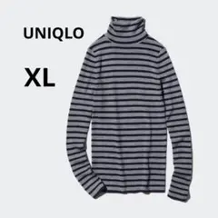 美品 UNIQLO XL メリノ リブタートルネックセーター ボーダー グレー