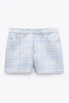 ZARA 青と白のチェック柄ツイードショートパンツ