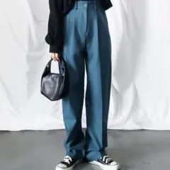 【me+em select】レディース タックスラックス ブルー　ハイウエスト