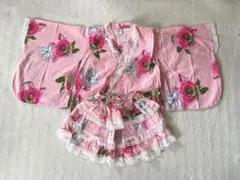 ピンク 花柄 レース付き浴衣ドレス 110cm 帯付き
