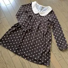 ワンピース　ドット柄　チュニック　襟レース　パールボタン