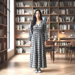 ZARA チェックワンピース ロング 長袖 ウエストゴム M