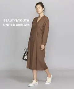 ☆ BEAUTY&YOUTH ツイルダブルタック スキッパーネックワンピース S