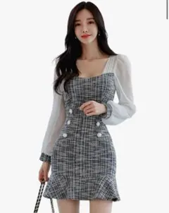 チェック柄シースルードレス ブラック/ホワイト