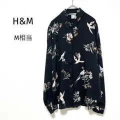 エイチアンドエム H&M 長袖シャツ 襟付き 花柄 鳥柄 ボタニカル 黒 M相当のサムネイル