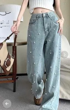 SHEENA デニム　パンツ　パール装飾　レディース　ボトムスのサムネイル