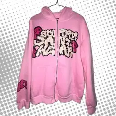 男女兼用 ピンク パーカー プリント 平成 ラッパー 原宿