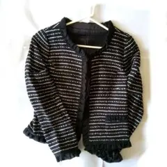 美品　JUNO　フォーマル用ノーカラーフリルジャケット 黒白ストライプ