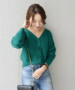 SHIPS 2wayショートカーディガン　グリーン 緑　Vネックニット　ウール