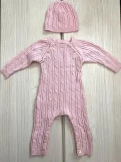 ベビー ロンパース ニット ピンク 帽子付き 50 60 秋冬 女の子
