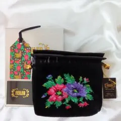 新品　FEILER 花柄刺繍 ポーチ 黒