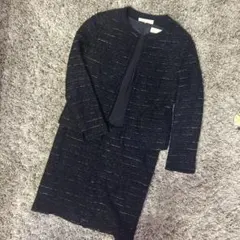 自由区　ネイビー ツイード ノーカラージャケット 38