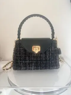 CHARLES & KEITH ツイードキルトハンドルバッグ 黒