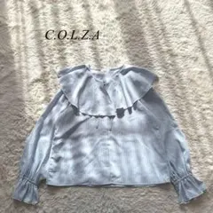 J6【コルザ】ハニーズ　ビックカラーブラウス　ストライプ　ブルー　S 上品