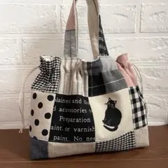 パッチワーク＊巾着バッグ(ナチュラル　黒猫　モノトーン　ピンク) ハンドメイド