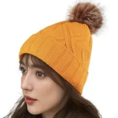 新品⭐️ニット帽 レディース オレンジ ポンポン 裏起毛 フリース 防寒 スノボのサムネイル