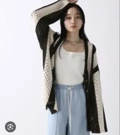 jeanasisストライプカギ編みカーディガン