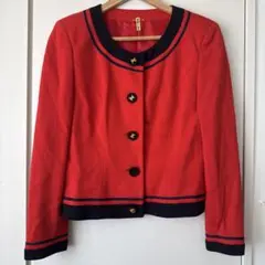 ノーカラージャケット 赤 ネイビー ストライプ　日本製